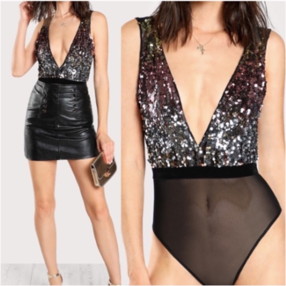 Tops - HP!!  NEW PLUNGING CAMI OMBRE SEQUIN MESH BODYSUIT
